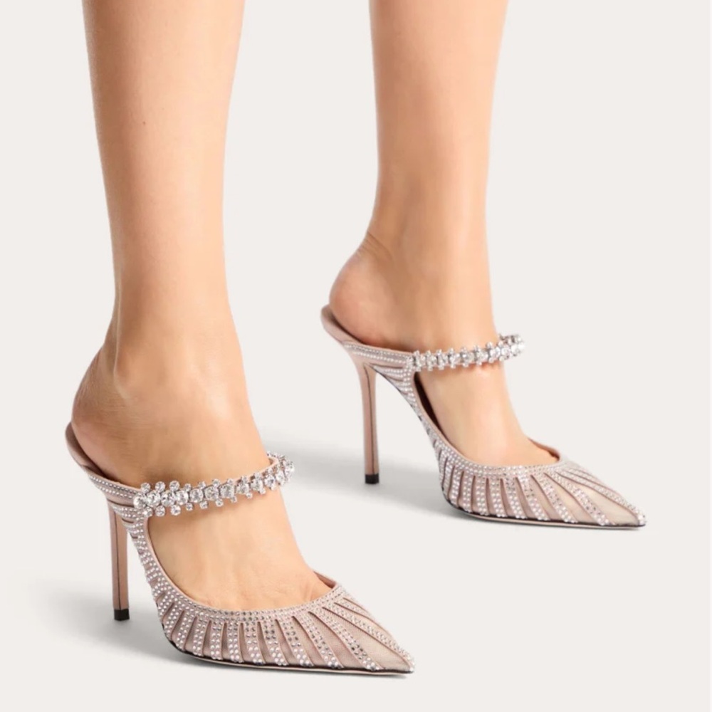 Jimmy Choo Bing 100 Crystal-Embellished Suede Mesh Mule